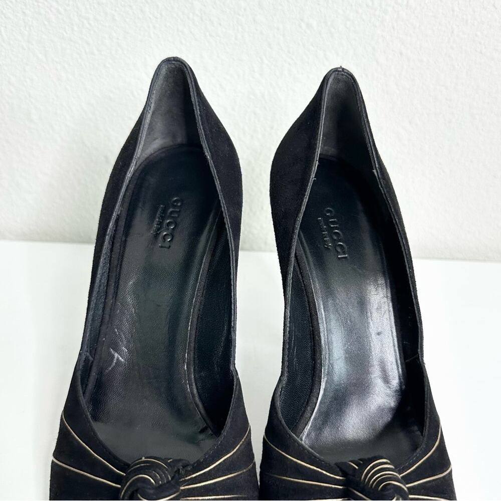 GUCCI Peep Toe Black Pumps with Gold Trim Size 37.5 - Picture 7 of 8